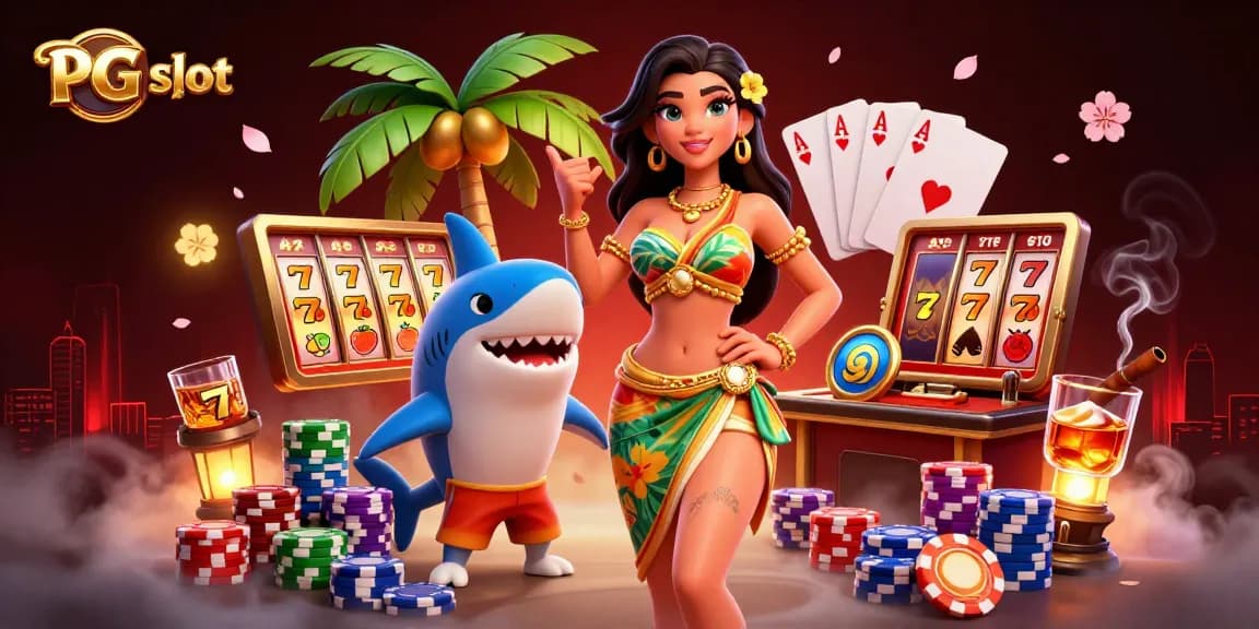 Spin the PG slot reels surrounded by vibrant casino elements and lively characters