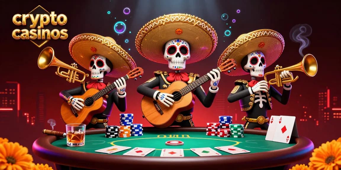 Jouer aux crypto casinos avec un groupe de mariachis squelettes colorés entourés de jetons de poker.