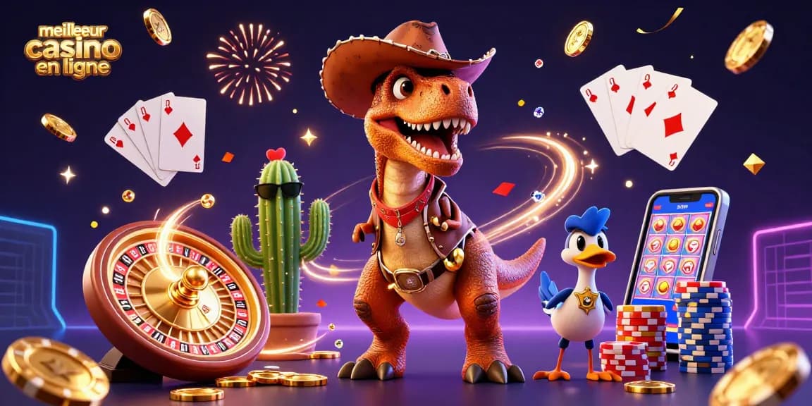 Visualisation captivante de jeux au meilleur casino en ligne, illustrant l'excitation des gains avec des personnages animés.