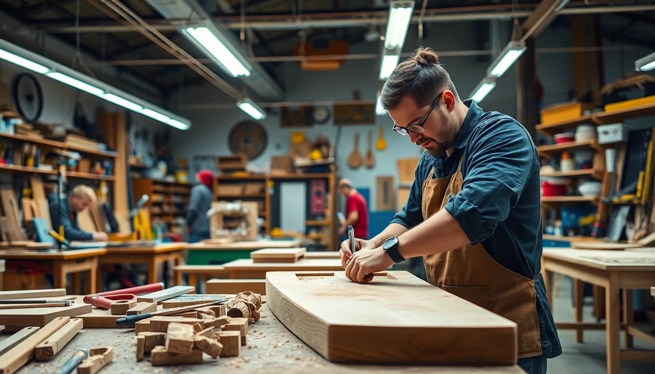 Craft training session featuring artisans at work, showcasing tools and creativity in a vibrant workshop.