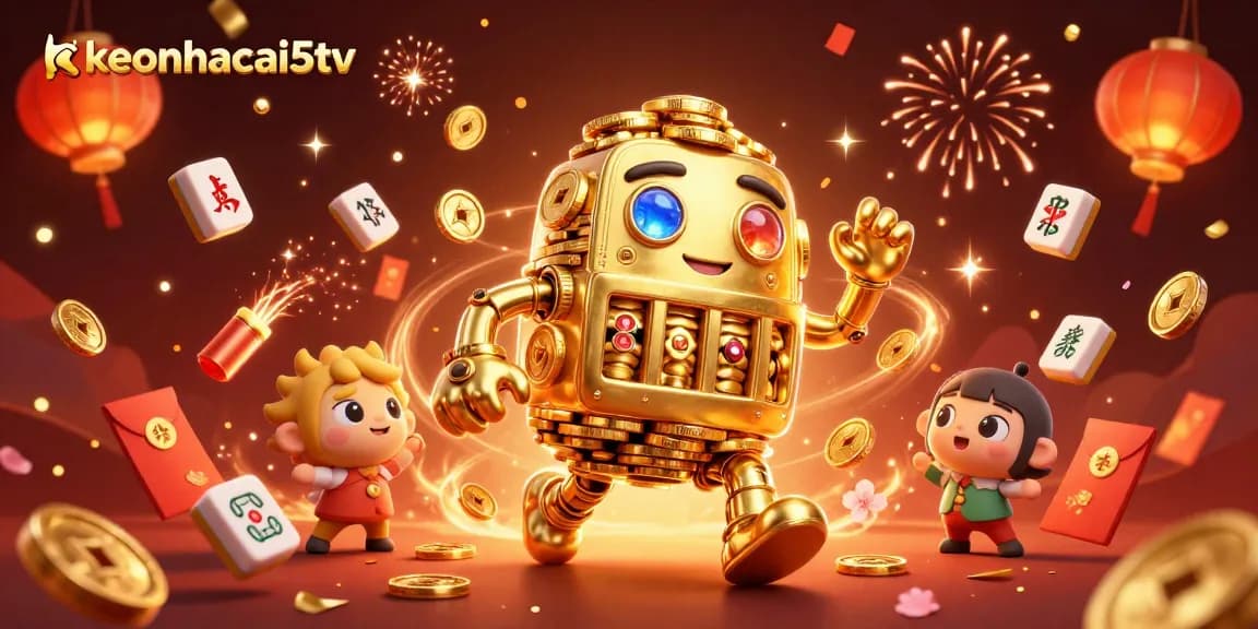 Engage with keonhacai5tv's vibrant casino world featuring a golden golem amidst exciting gaming elements.