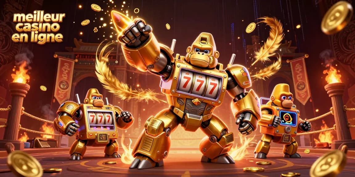 Illustration dynamique du meilleur casino en ligne avec un gorille mech en or et des éléments de machines à sous.