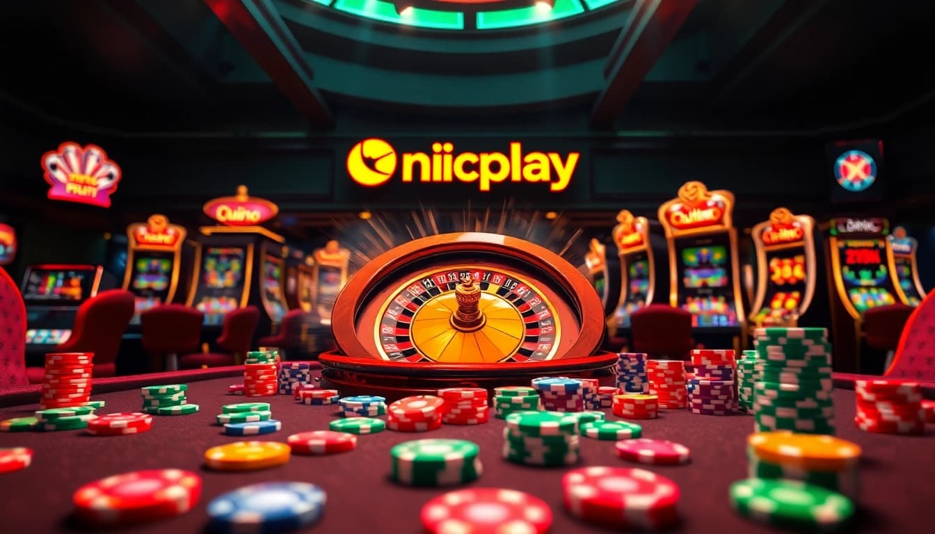 Experience the thrill of Onicplay with vibrant visuals of slot machines and roulette wheels.