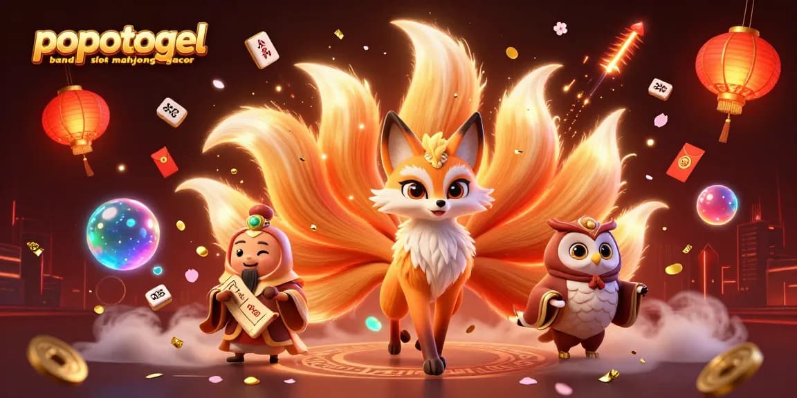 Engage with popotogel bandar slot mahjong gacor featuring a vibrant fox spirit and majestic owl amidst a colorful casino scene.