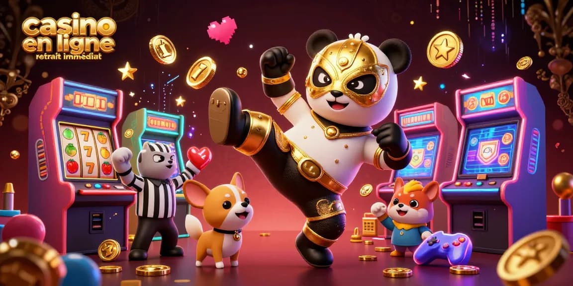 L'illustration colorée de "casino en ligne retrait immédiat", montre un panda lutteur et un chihuahua arbitre, entourés de machines à sous.