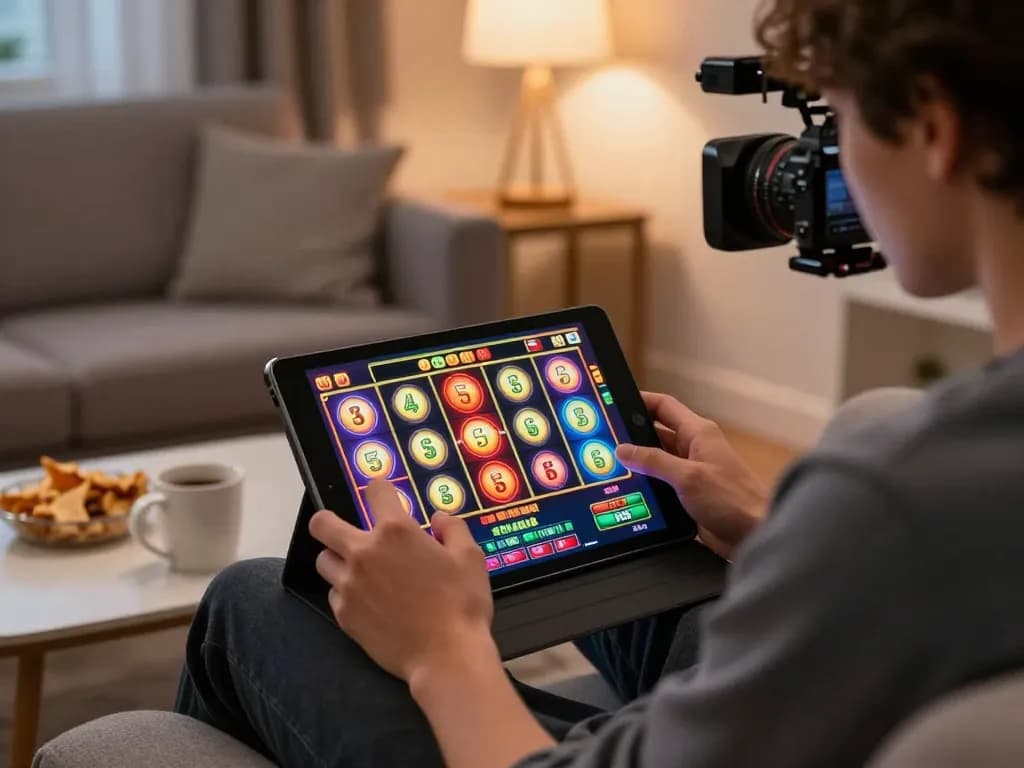 Engaging in slot online games on a tablet while relaxing at home, showcasing vibrant visuals and a cozy atmosphere.