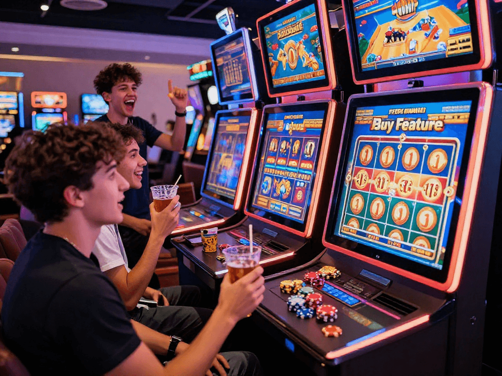 Diverse players enjoying online slots with bonus buys at a vibrant casino, showcasing excitement and engagement.