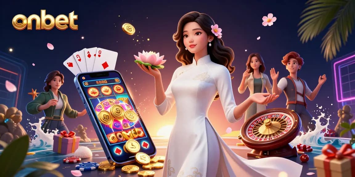 Play exciting slot games with onbet featuring a captivating Asian woman in Vietnamese attire.