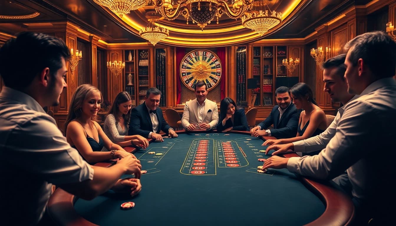 Une scène vibrante montrant un casino en ligne fiable avec des joueurs appréciant le blackjack à une table de jeu élégante.