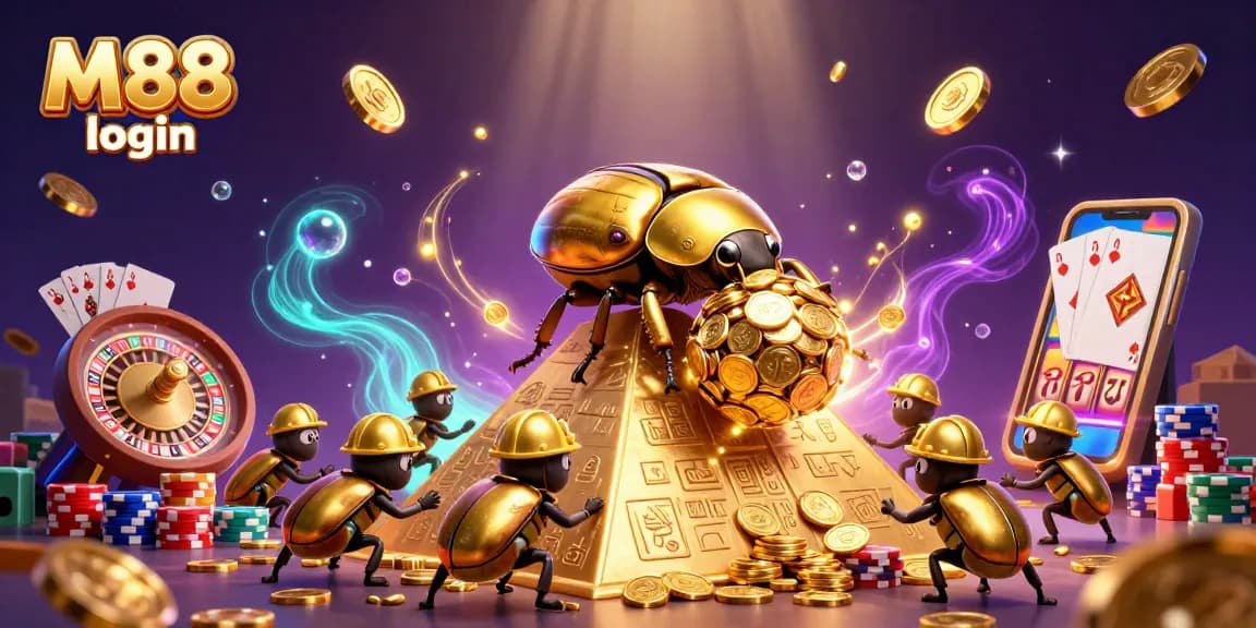 Experience M88 login with this vibrant 3D illustration showing dynamic casino elements and golden treasures.