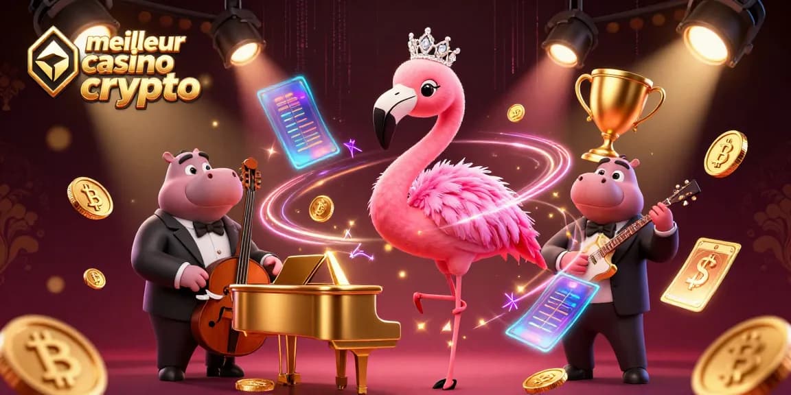Jouez sur le meilleur casino crypto avec des illustrations dynamiques de flamant rose et d'hippopotame en musique.