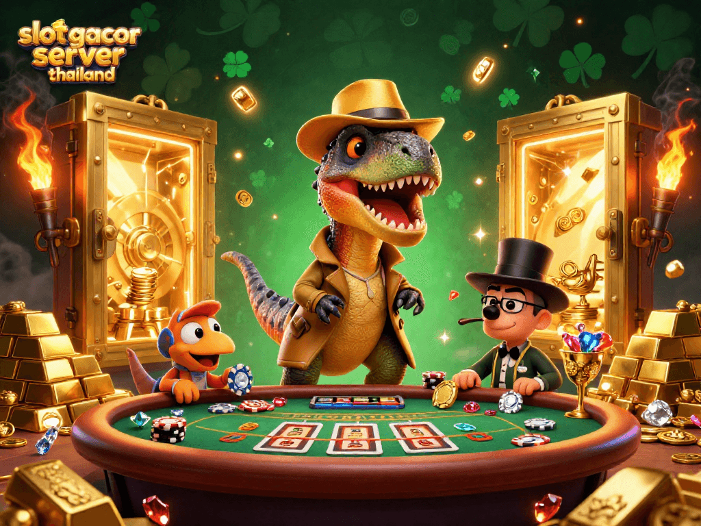 Engage with slot gacor server thailand in a vivid 3D casino scene featuring velociraptor card counters and dazzling treasures.