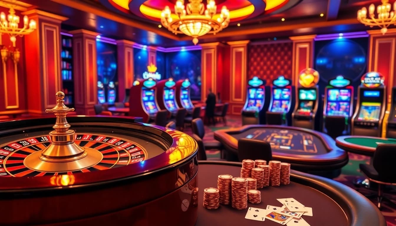 Vivez l'excitation dans un casino en ligne France avec des tables vibrantes, des jetons de poker et des roues de roulette.