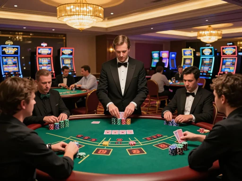 Players strategizing at Fly 88 poker tables with lively gameplay and warm casino ambiance.