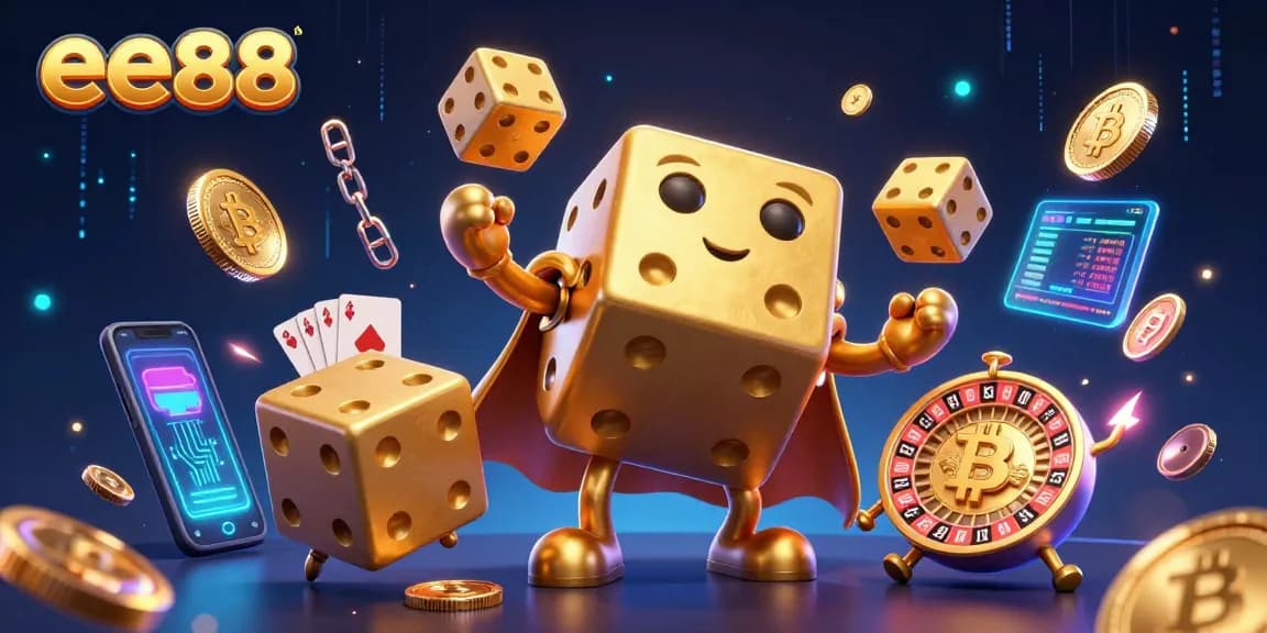 Experience captivating casino fun at ee88 with a dynamic 3D illustration featuring golden dice and crypto elements.