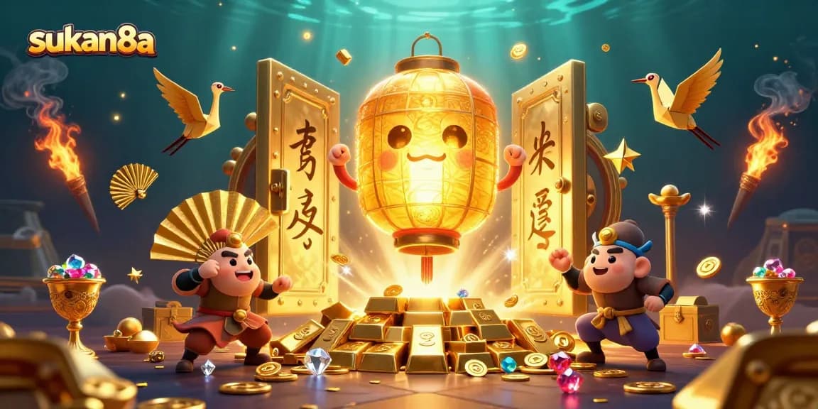 Sukan8a's vibrant casino scene showcases a glowing lantern spirit, lucky symbols, and treasure elements.