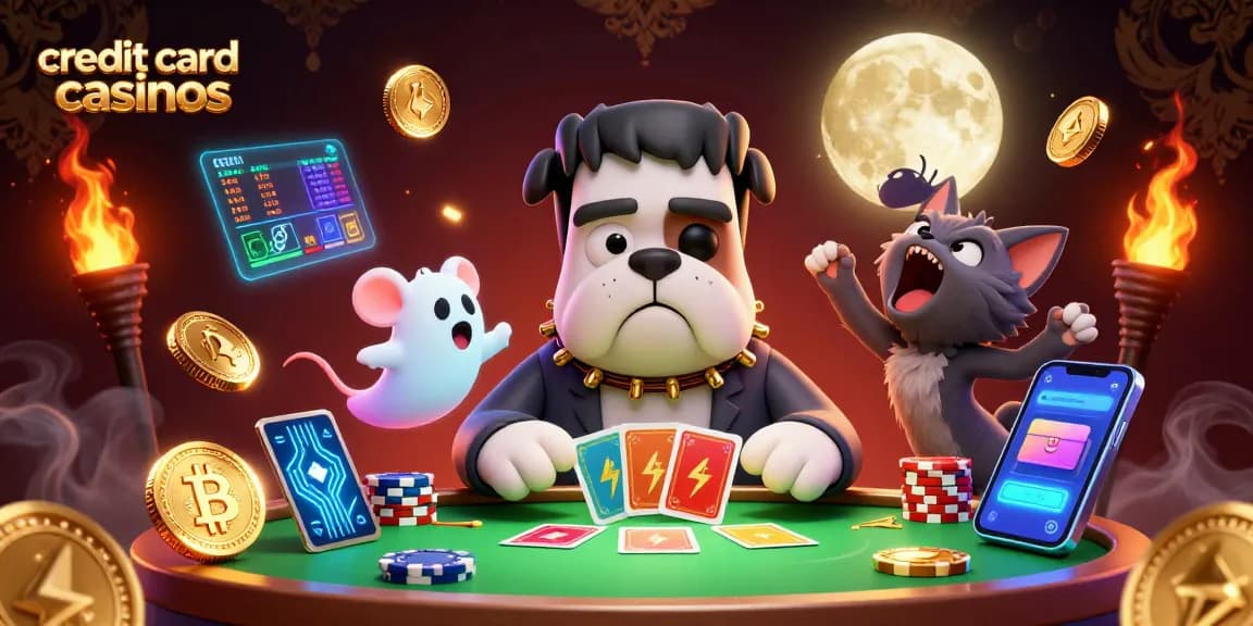 Engage with thrilling credit card casinos showcasing a 3D cartoon monster dealing cards amidst glowing crypto elements.