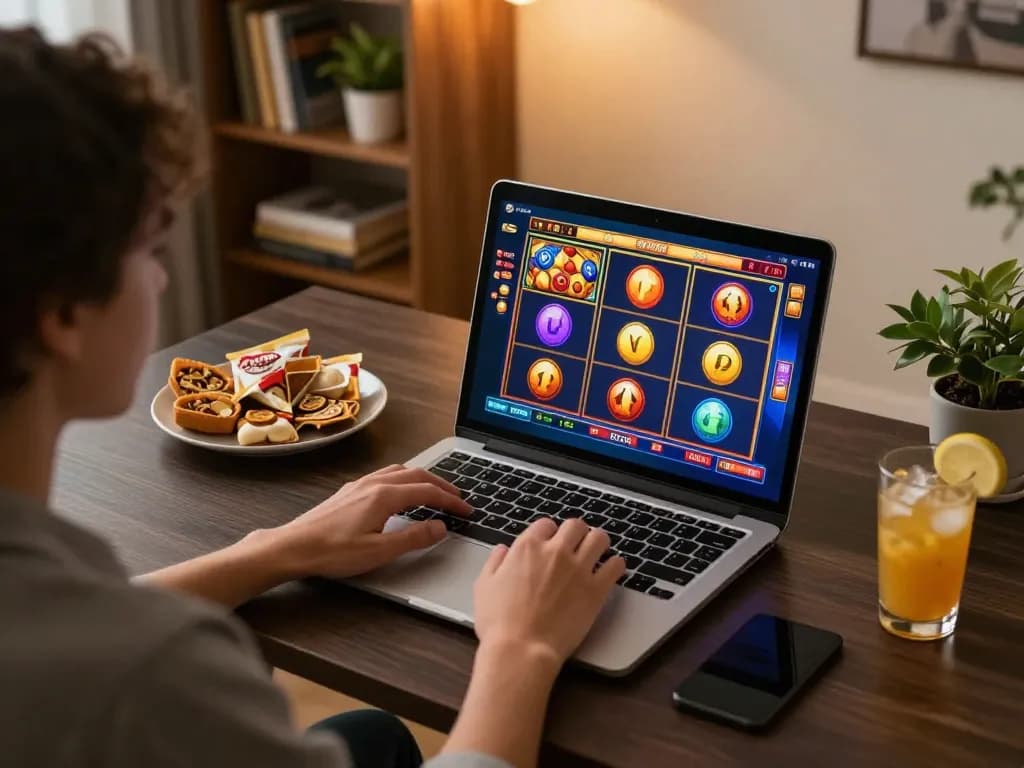 Engaging gameplay of slot online on a laptop in a stylish home setting with ambient lighting.