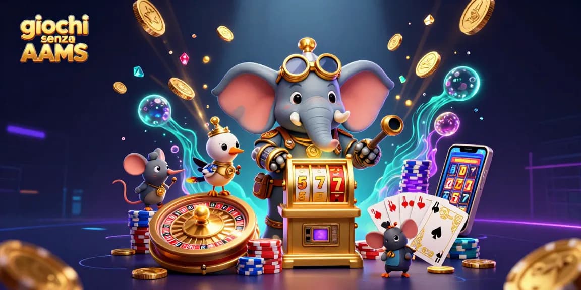 Scopri il brivido dei giochi senza AAMS con elementi di casinò vibranti e personaggi in azione.