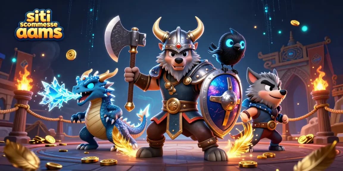 Scommetti sui siti scommesse aams con un guerriero norreno e creature fantastiche in un'illustrazione viva.