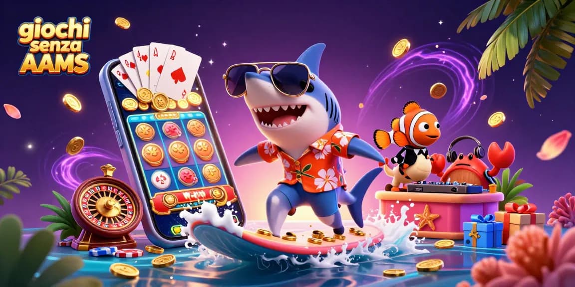 Vivi emozionanti giochi senza AAMS mentre uno squalo cavalca monete d'oro, con elementi di casinò animati.