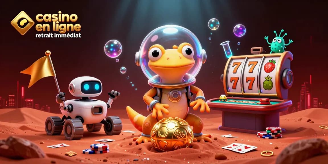 Le casino en ligne retrait immédiat émerveille avec une illustration 3D captivante de personnages de casino intergalactiques.
