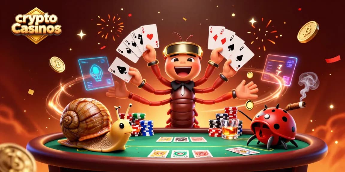 Jouer dans des crypto casinos modernes avec un croupier millipède et un escargot parieur entourés de jetons.