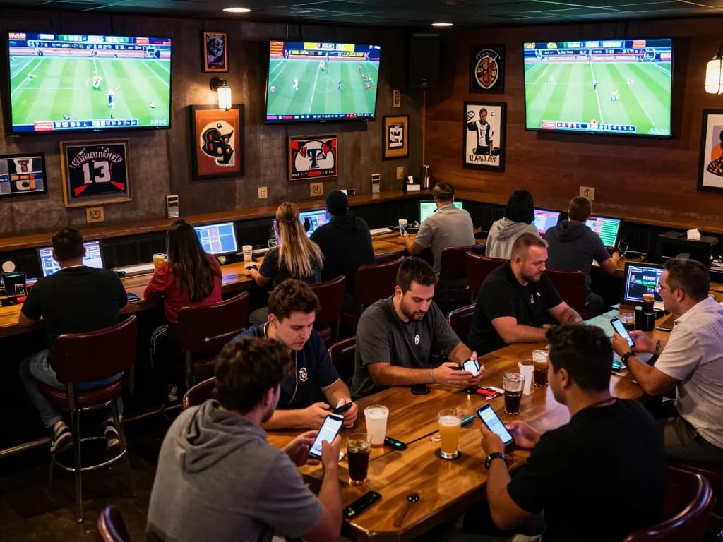 Siti di scommesse stranieri featured in an upscale sports betting environment with patrons engaging and screens displaying odds.