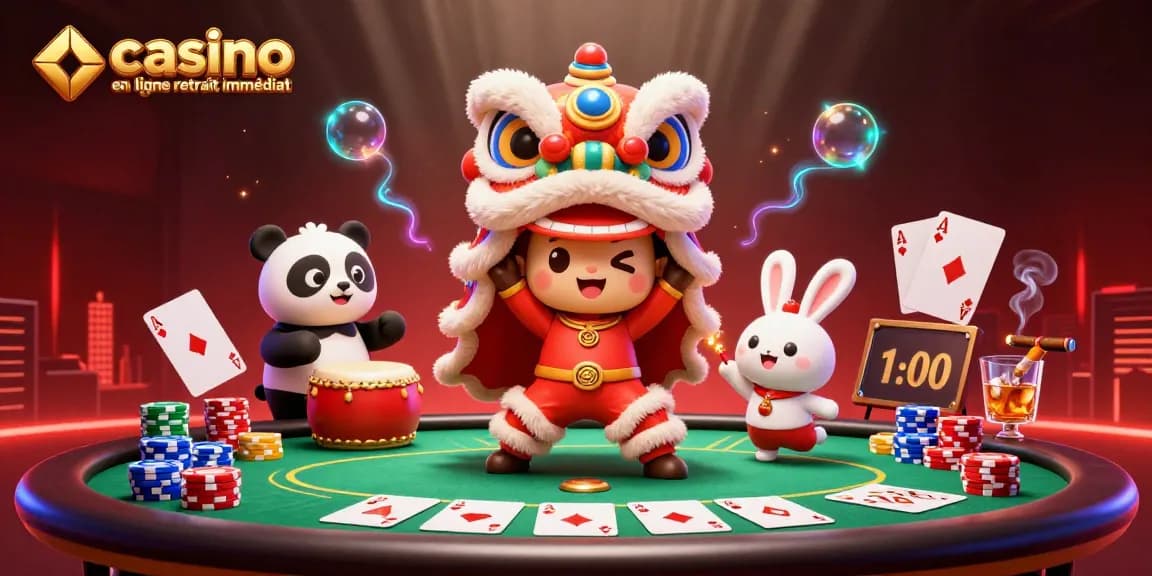Visualisez le casino en ligne retrait immédiat avec des personnages animés festifs entourés de jeux de cartes