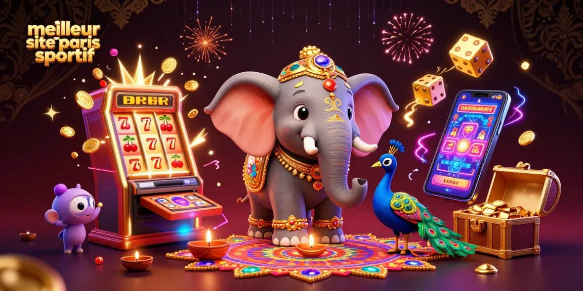 Célébrez sur le meilleur site de paris sportif avec une scène colorée illustrant un éléphant et un paon entourés d'éléments de jeux.