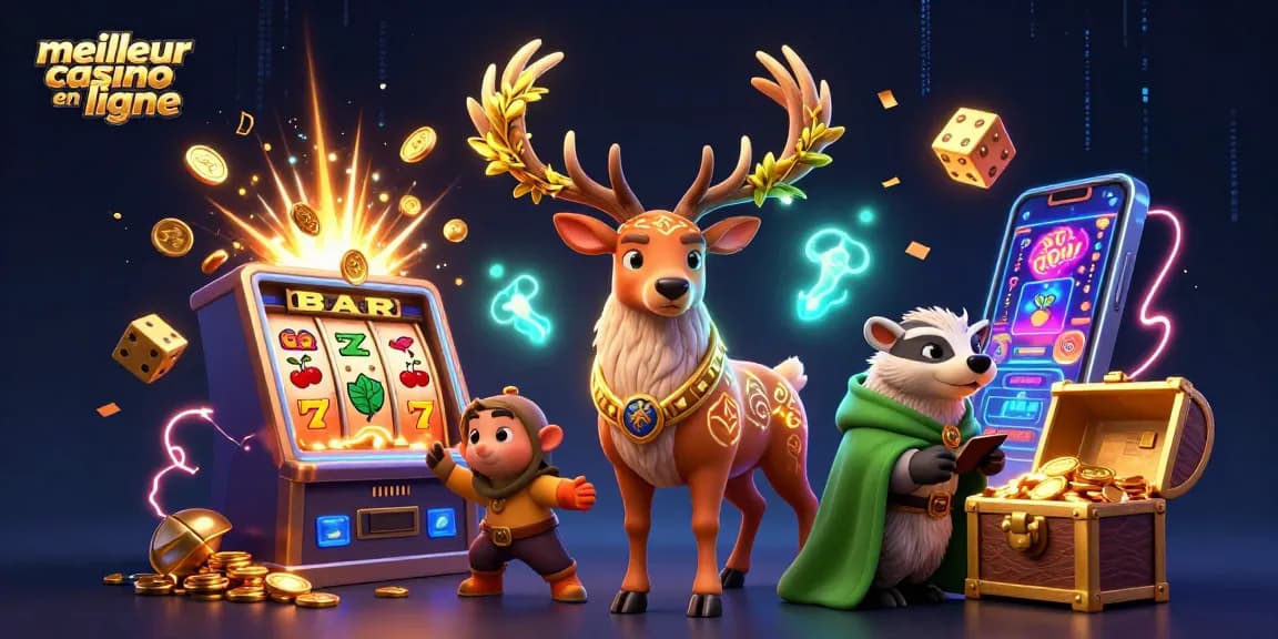 Illustration vibrante d'un cerf druide et un blaireau éclairant le meilleur casino en ligne avec des jackpots.