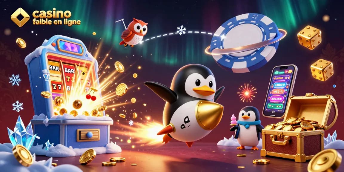 Jeu de casino fiable en ligne avec un pingouin doré en fusée et des machines à sous éclatantes.