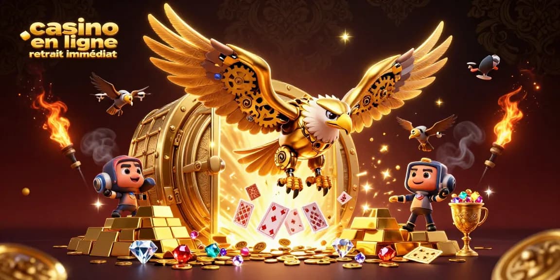 Jouer au casino en ligne retrait immédiat avec un aigle cybernétique et des cartes holographiques.