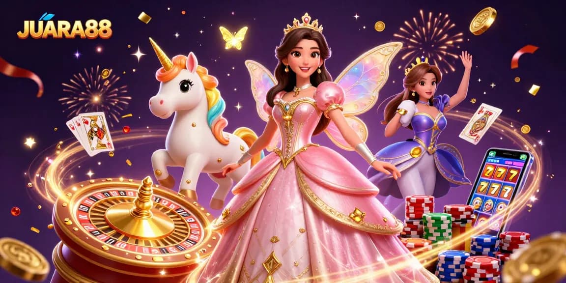 Engage with JUARA88's enchanting gaming scene featuring a glamorous princess and a golden unicorn.
