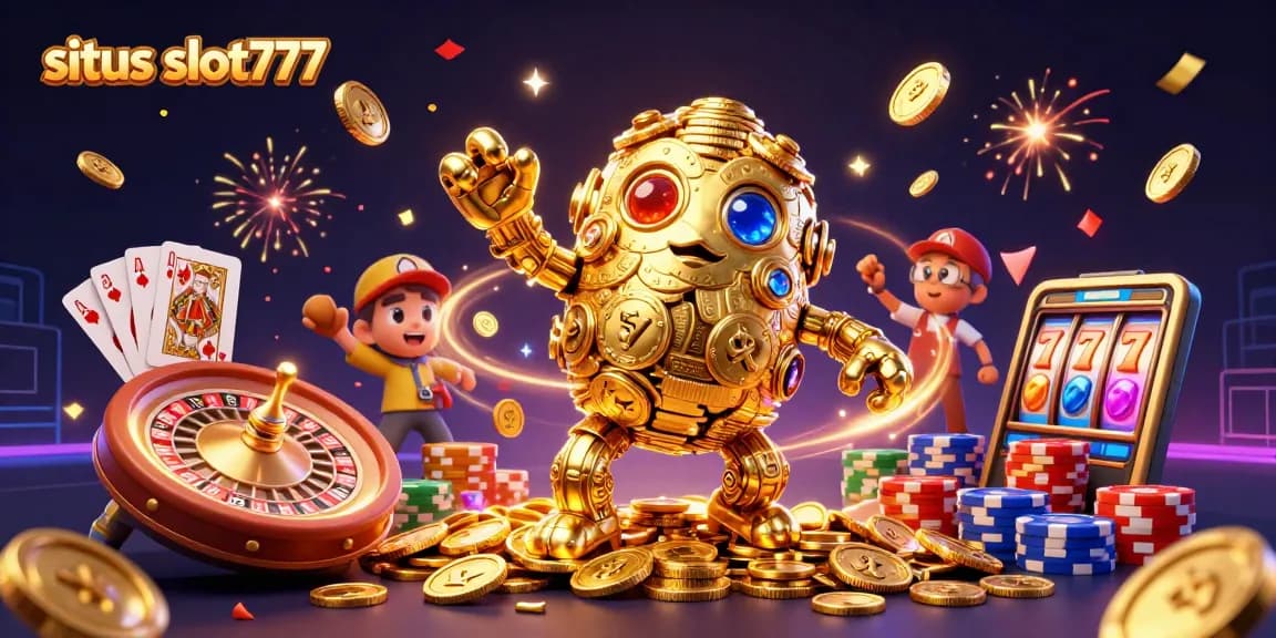 Permainan kasino di situs slot777 dengan karakter golem emas dan elemen slot menyenangkan.