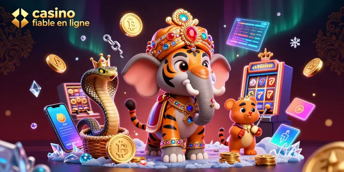 Jouez au casino fiable en ligne avec une illustration luxueuse illustrant un maharaja de tigre et des éléments de jeu.
