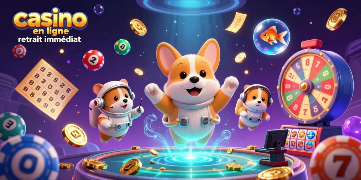 Plongez dans l'univers du casino en ligne retrait immédiat avec un corgi astronaute et des éléments de jeu flottants.