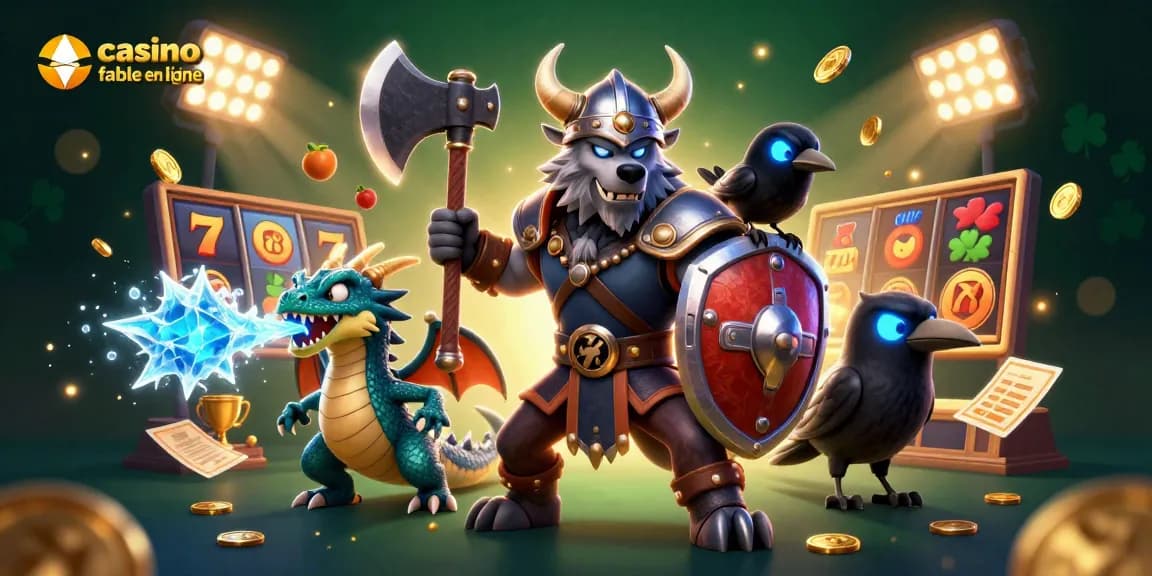 Explorez un casino fiable en ligne avec notre illustration 3D colorée alliant un guerrier viking et un dragon amical.