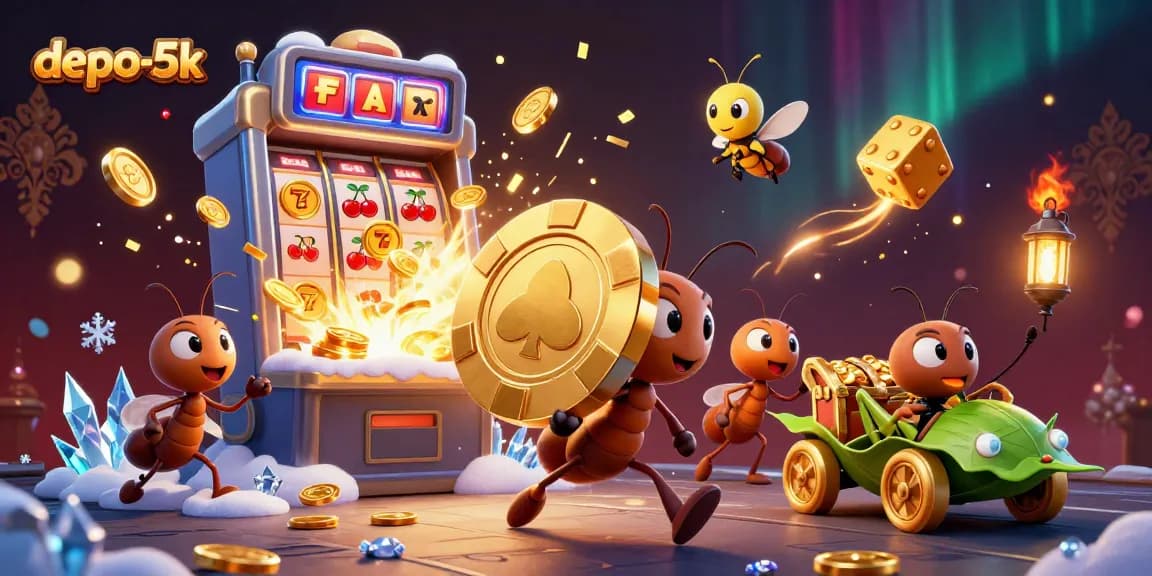 Experience the thrill of winning at depo-5k with cartoon ants heisting a gigantic poker chip amid casino chaos.