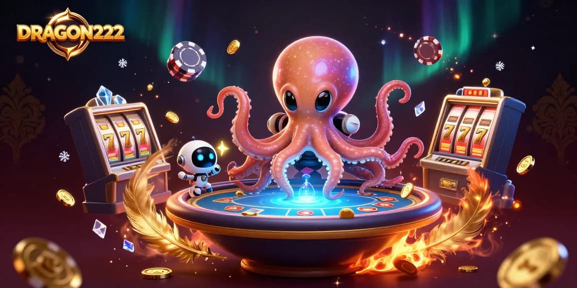 Engage with DRAGON222's thrilling gaming experience featuring an alien octopus mastering poker and slot machines.