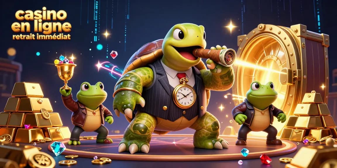 Jouer dans un casino en ligne retrait immédiat avec une tortue mobster entourée de grenouilles et de richesses.