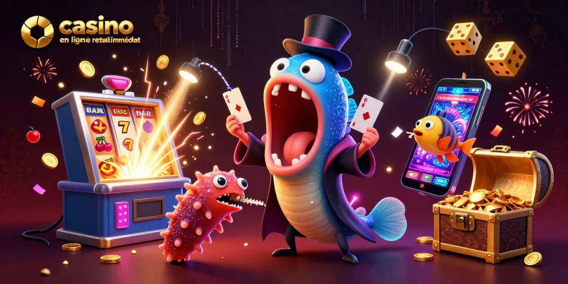 Casino en ligne retrait immédiat: illustration d'un casino avec un poisson en cape de magicien et des machines à sous.