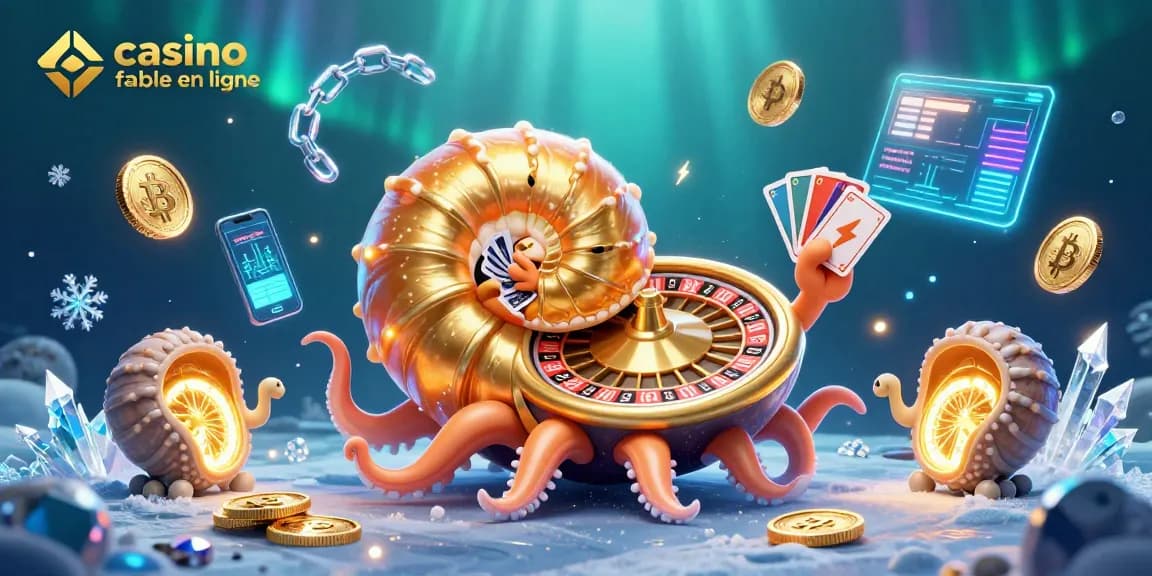 Jouez dans un casino fiable en ligne avec une illustration 3D d'un nautilus et des éléments de crypto-monnaie.