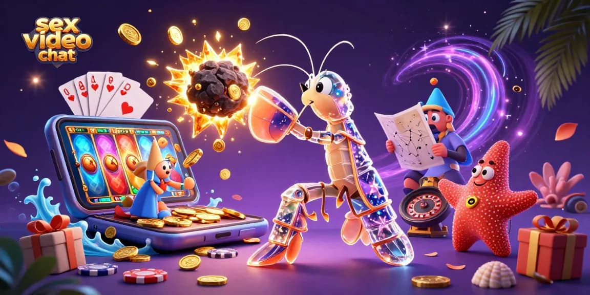 Engage in sex video chat with stunning visuals of a 3D mantis shrimp character and slot game elements.
