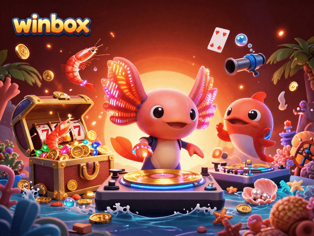 Join the excitement at Winbox with vibrant casino fun, featuring a DJ axolotl and lively sea creatures!