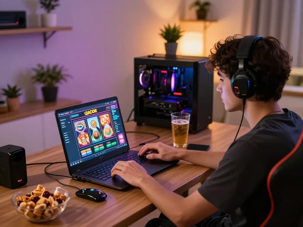 Player enjoying a slot gacor game on a laptop, showcasing an engaging online gaming experience in a cozy atmosphere