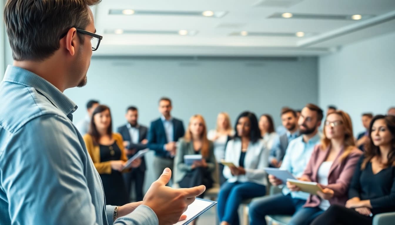 Dynamic scene of a leadership development coach engaging with participants in a conference room.