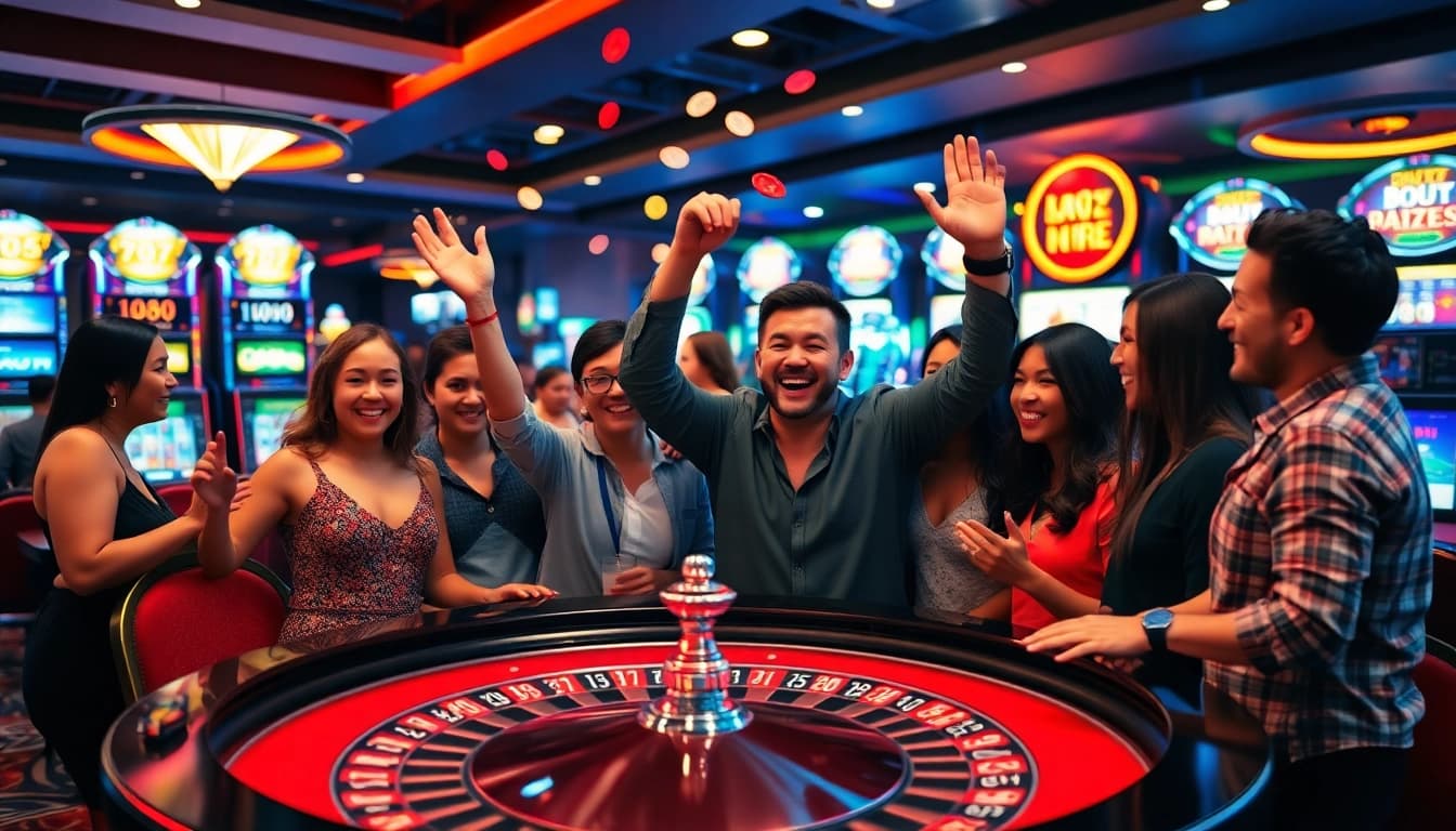 Rayakan kemenangan di meja roulette di taiwannow.org/tw/about, atmosfer kasino yang meriah.