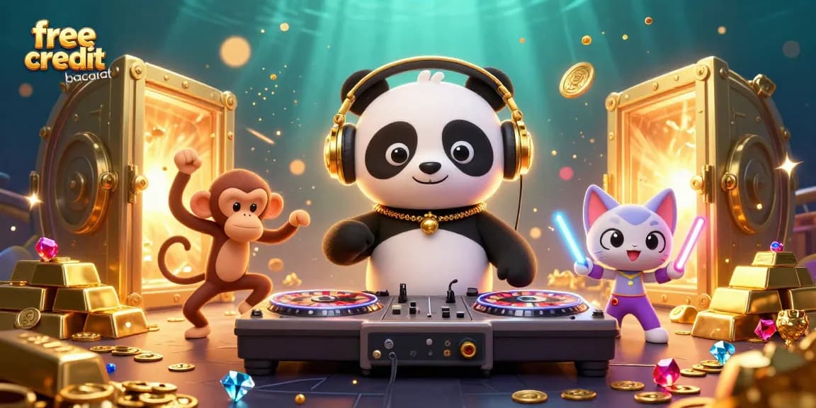 Experience free credit baccarat excitement with DJ panda and friends in casino-style illustration.