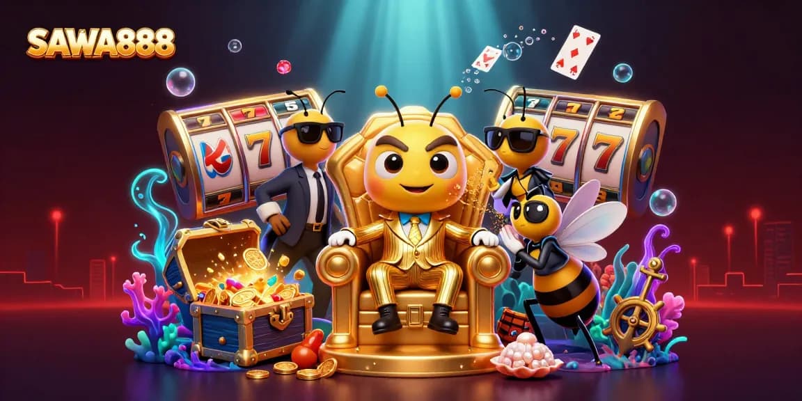 Spin the reels with SAWA888's dynamic gaming action featuring colorful slots and vibrant characters.